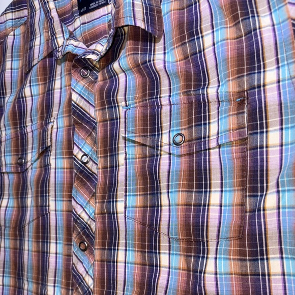 PrAna Snap Button Down Short Sleeve Shirt Madras Brown Blue Plaid Men’s Medium - Picture 3 of 9